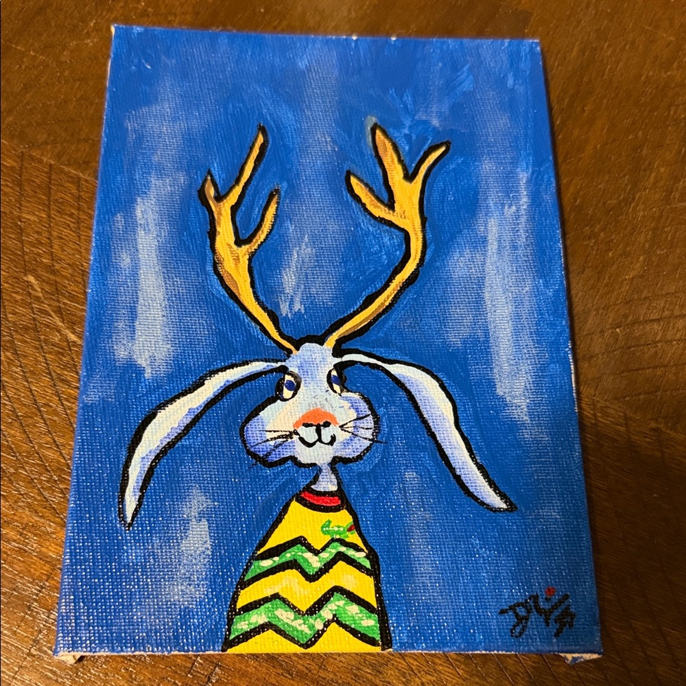 cryptid jackalope PREPPY JACK acrylic on canvas panel 4”x6” painting